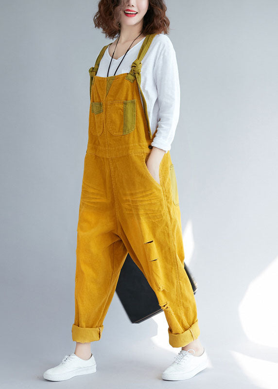 Bohemian Yellow pockets Corduroy ripped Jumpsuits Spring dylinoshop