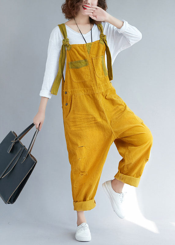 Bohemian Yellow pockets Corduroy ripped Jumpsuits Spring dylinoshop