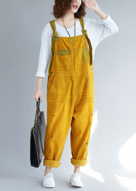 Bohemian Yellow pockets Corduroy ripped Jumpsuits Spring dylinoshop