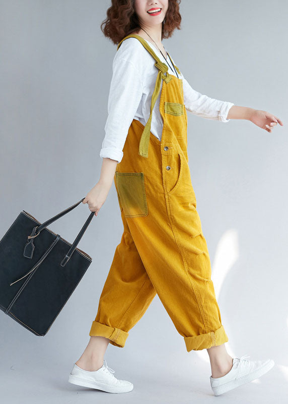 Bohemian Yellow pockets Corduroy ripped Jumpsuits Spring dylinoshop