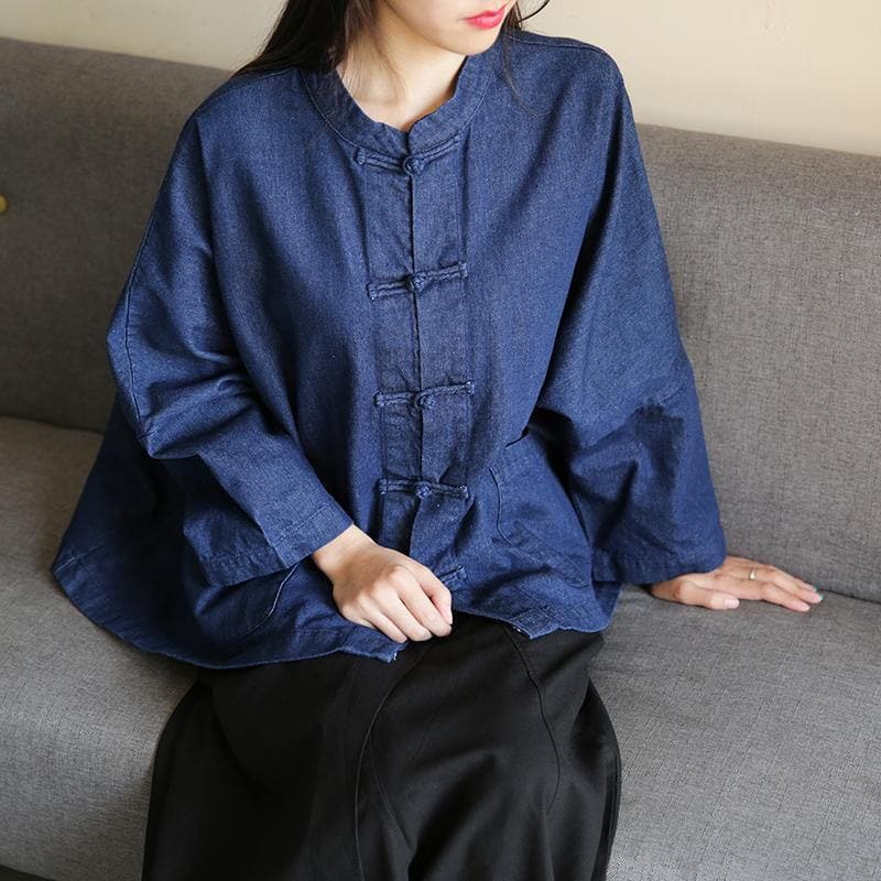 Bohemian denim dark blue clothes For Women stand collar Chinese Button tunic blouse LTP200922