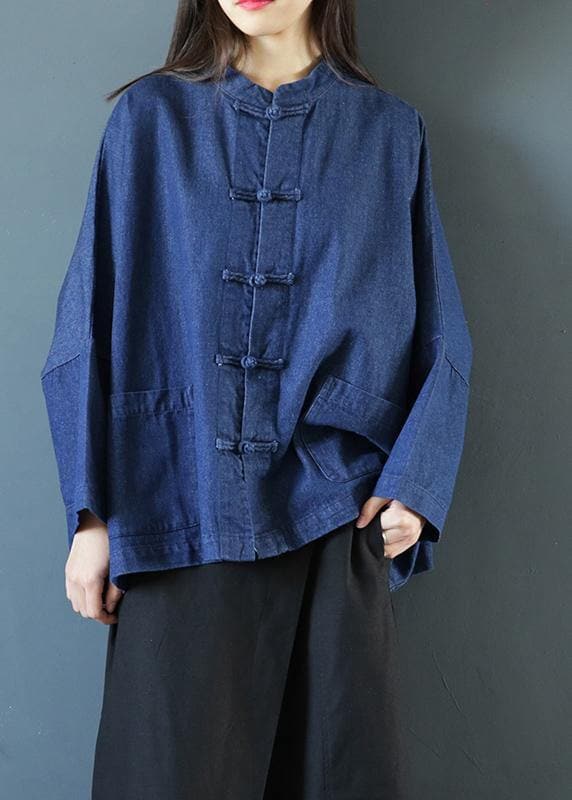 Bohemian denim dark blue clothes For Women stand collar Chinese Button tunic blouse LTP200922