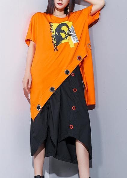 Sold-Out Bohemian orange cotton clothes o neck asymmetric oversized summer top AT-STP190614