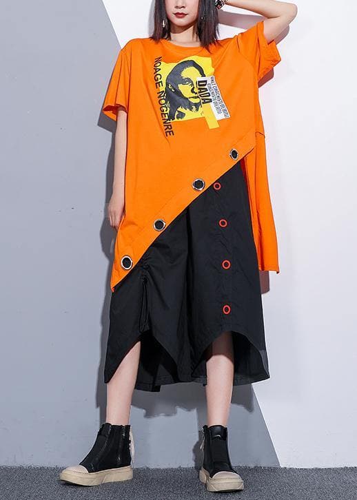 Sold-Out Bohemian orange cotton clothes o neck asymmetric oversized summer top AT-STP190614