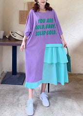 Bohemian purple Letter quilting clothes o neck patchwork loose Dresses AT-SDL200707