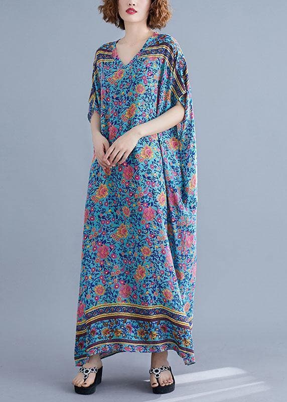 Bohemian v neck pockets cotton summer tunic pattern Photography blue print long Dress SDL200425