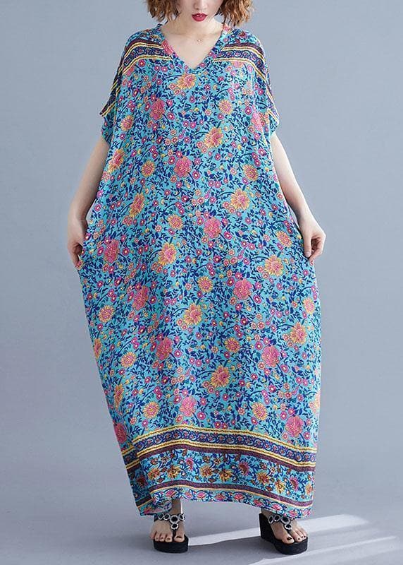 Bohemian v neck pockets cotton summer tunic pattern Photography blue print long Dress SDL200425