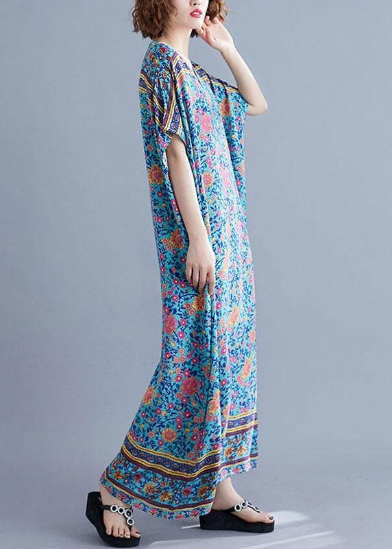 Bohemian v neck pockets cotton summer tunic pattern Photography blue print long Dress SDL200425