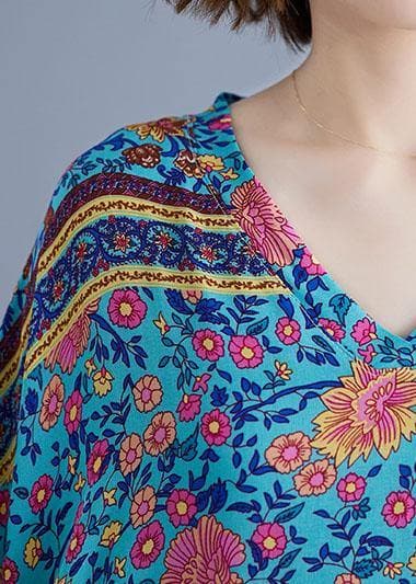 Bohemian v neck pockets cotton summer tunic pattern Photography blue print long Dress SDL200425