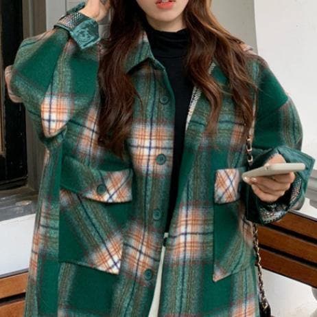 Bohemian Lapel Pockets Spring Shirts Green Plaid Top AT-CTS191023