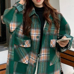 Bohemian Lapel Pockets Spring Shirts Green Plaid Top AT-CTS191023