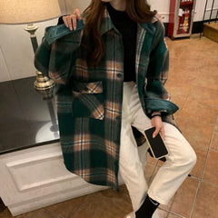 Bohemian Lapel Pockets Spring Shirts Green Plaid Top AT-CTS191023