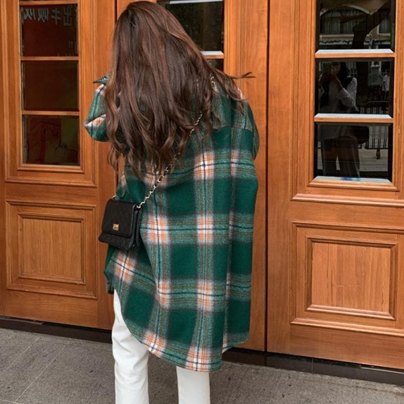 Bohemian Lapel Pockets Spring Shirts Green Plaid Top AT-CTS191023