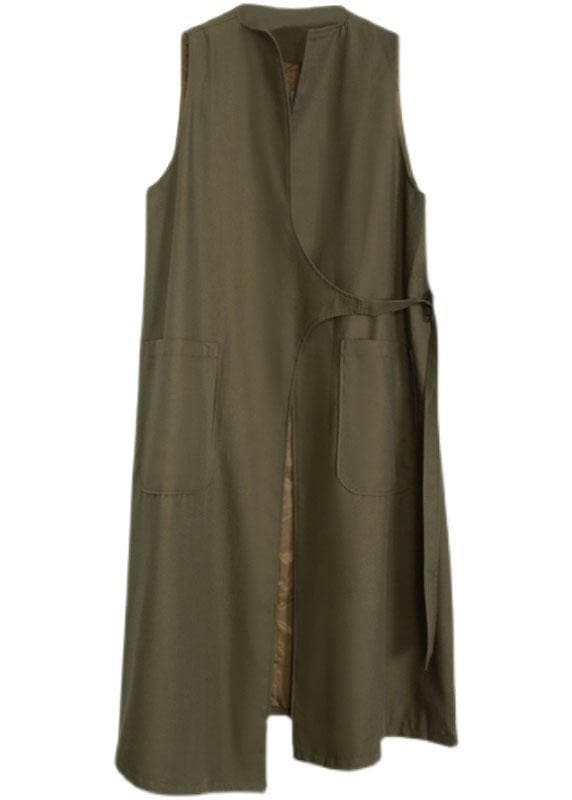 Boho Army Green Asymmetrical Design Pockets Fall Long Waistcoat XF-TCT210813