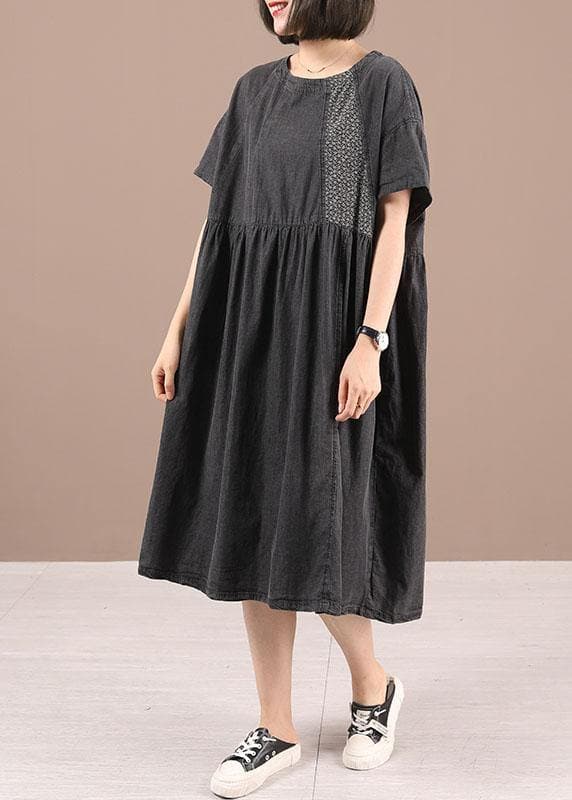 Boho Black Patchwork Cinched Denim Ankle Dress Summer 210722