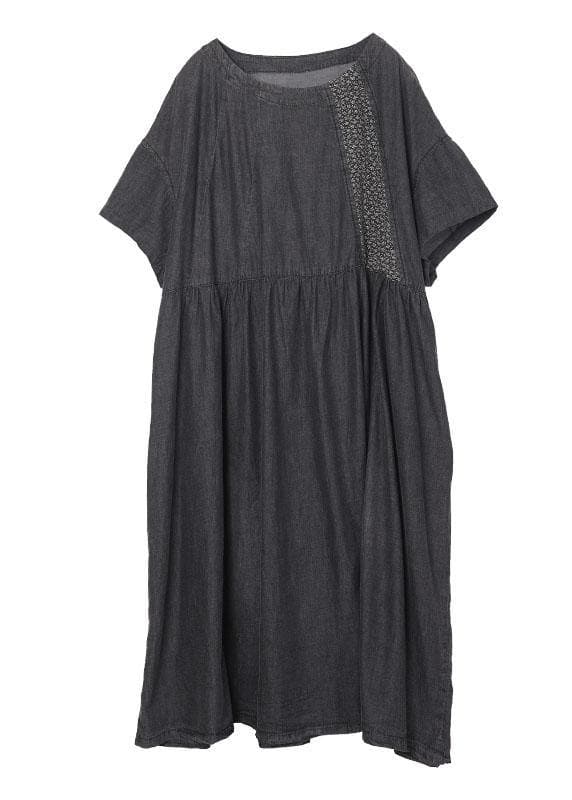 Boho Black Patchwork Cinched Denim Ankle Dress Summer 210722