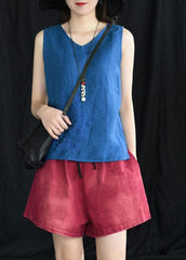 Boho Blue Embroideried Sleeveless Linen Shirt Tops Summer GK-VTP210708