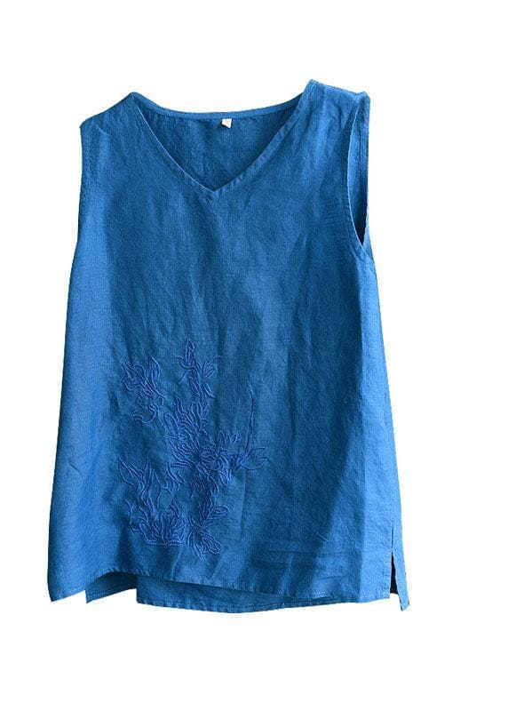 Boho Blue Embroideried Sleeveless Linen Shirt Tops Summer GK-VTP210708