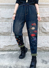 Boho Blue Embroideried elastic waist denim Pants Winter NZ-LPTS220105