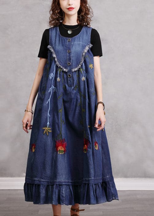 Boho Blue O-Neck Ruffled Embroideried Patchwork Cotton Denim Dress Sleeveless nz-FDL220304