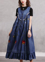 Boho Blue O-Neck Ruffled Embroideried Patchwork Cotton Denim Dress Sleeveless nz-FDL220304