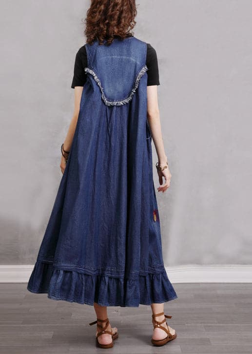 Boho Blue O-Neck Ruffled Embroideried Patchwork Cotton Denim Dress Sleeveless nz-FDL220304