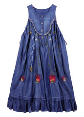 Boho Blue O-Neck Ruffled Embroideried Patchwork Cotton Denim Dress Sleeveless nz-FDL220304