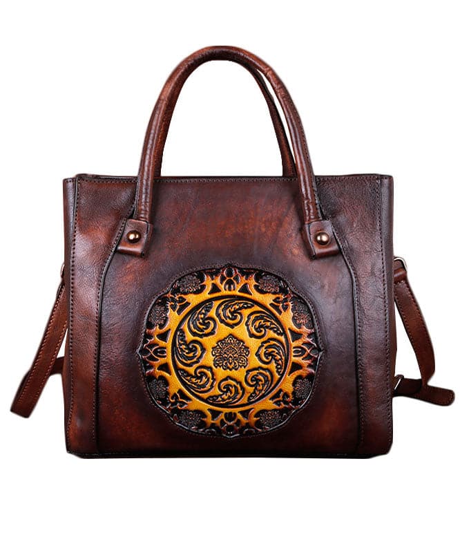 Boho Chocolate Embossing Paitings Calf Leather Tote Handbag BGS211230