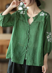 Boho Green V Neck Floral Embroideried Linen Top Bracelet Sleeve GK-HTP220815