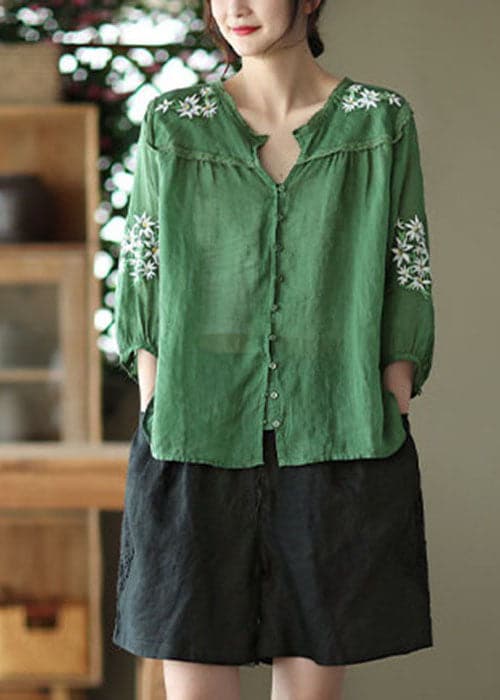 Boho Green V Neck Floral Embroideried Linen Top Bracelet Sleeve GK-HTP220815