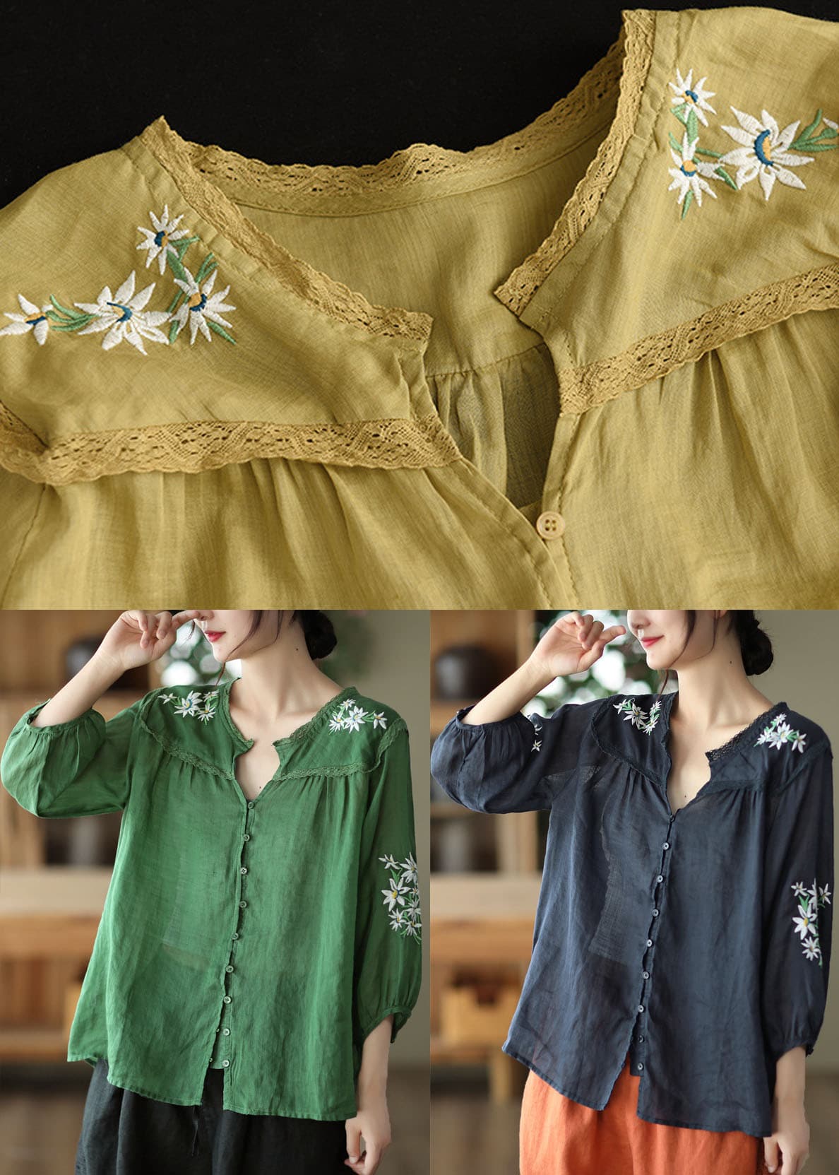 Boho Green V Neck Floral Embroideried Linen Top Bracelet Sleeve GK-HTP220815