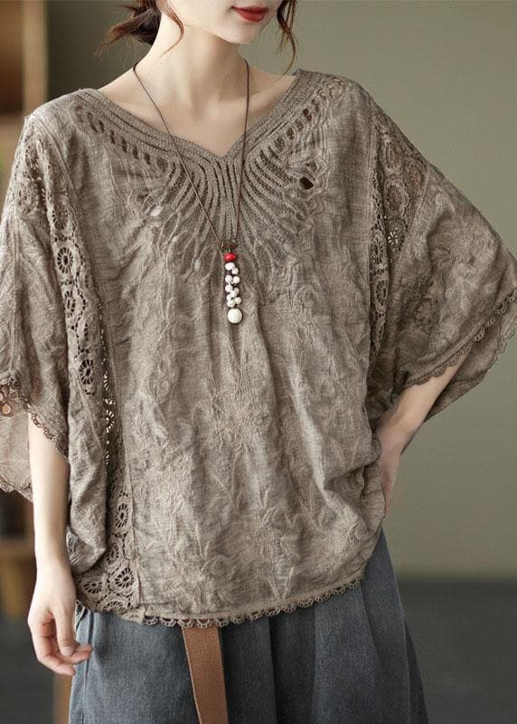 Boho Khaki Cotton V Neck Embroideried Hollow Out Summer Blouses GK-HTP210720