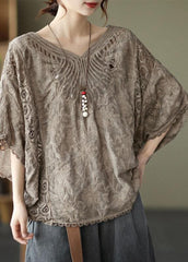 Boho Khaki Cotton V Neck Embroideried Hollow Out Summer Blouses GK-HTP210720