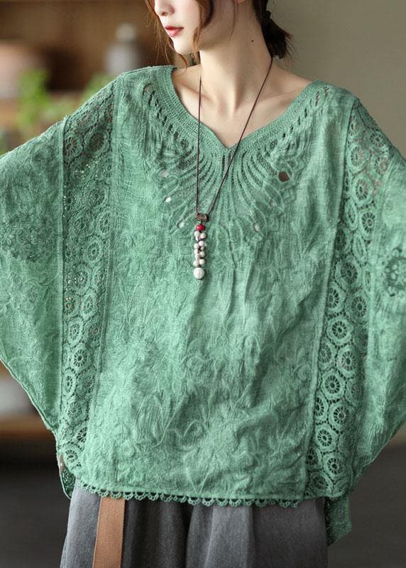 Boho Khaki Cotton V Neck Embroideried Hollow Out Summer Blouses GK-HTP210720