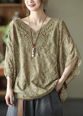 Boho Khaki Cotton V Neck Embroideried Hollow Out Summer Blouses GK-HTP210720