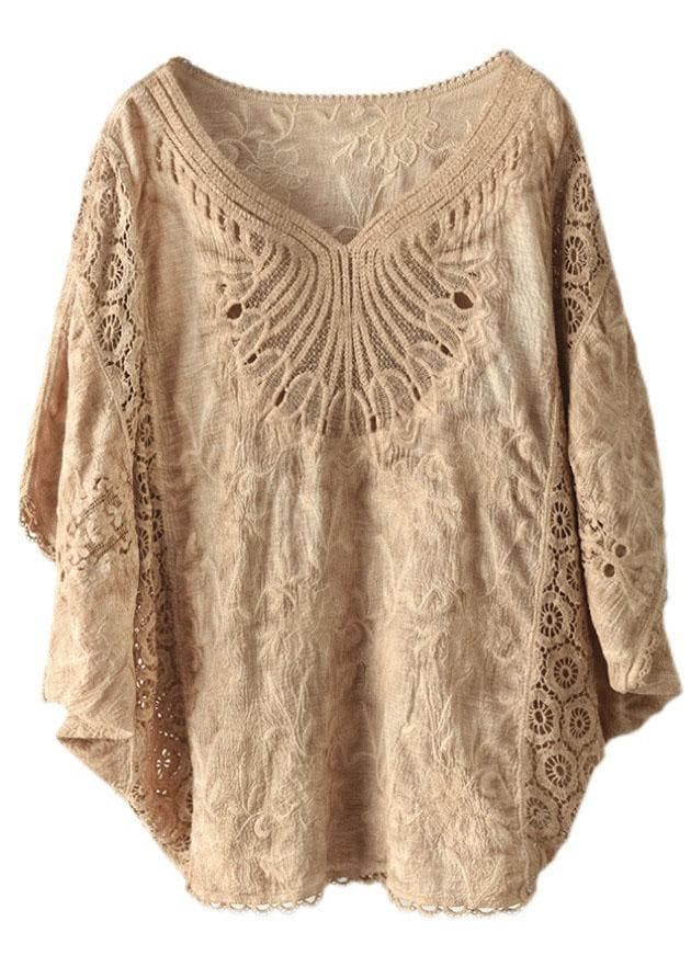 Boho Khaki Cotton V Neck Embroideried Hollow Out Summer Blouses GK-HTP210720