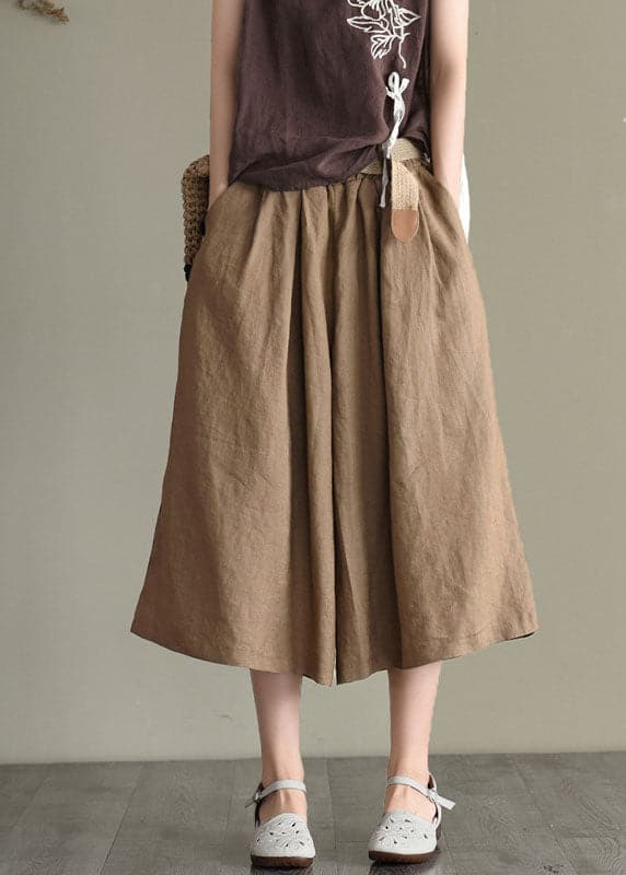 Boho Khaki Elastic Waist Oversized Pockets Linen Wide Leg Crop Pants Summer GK-CPTS220804