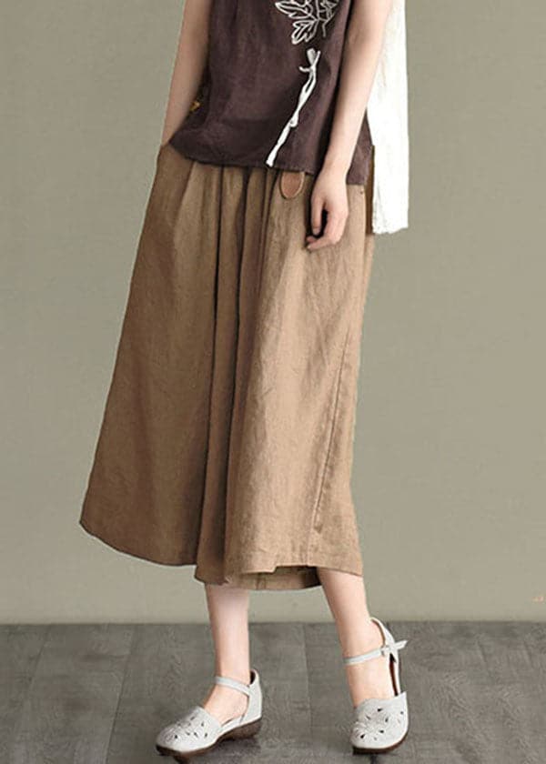 Boho Khaki Elastic Waist Oversized Pockets Linen Wide Leg Crop Pants Summer GK-CPTS220804