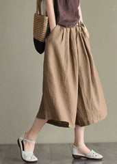 Boho Khaki Elastic Waist Oversized Pockets Linen Wide Leg Crop Pants Summer GK-CPTS220804