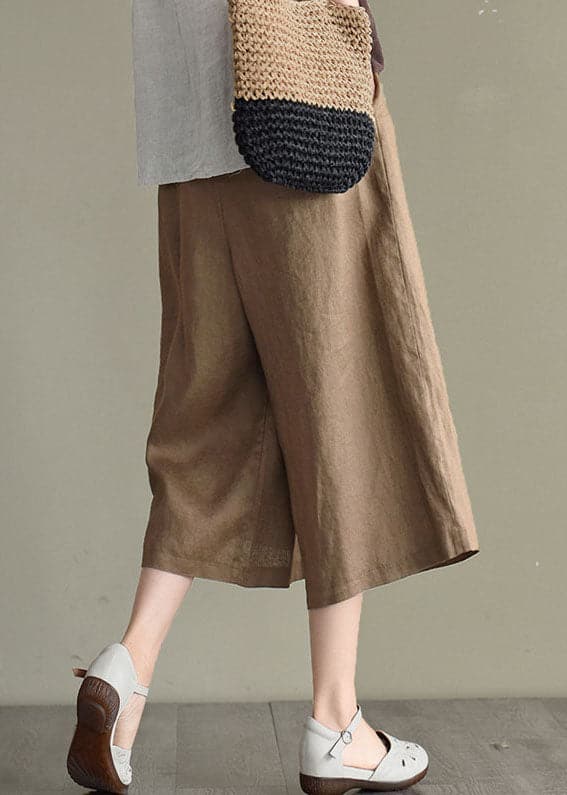 Boho Khaki Elastic Waist Oversized Pockets Linen Wide Leg Crop Pants Summer GK-CPTS220804