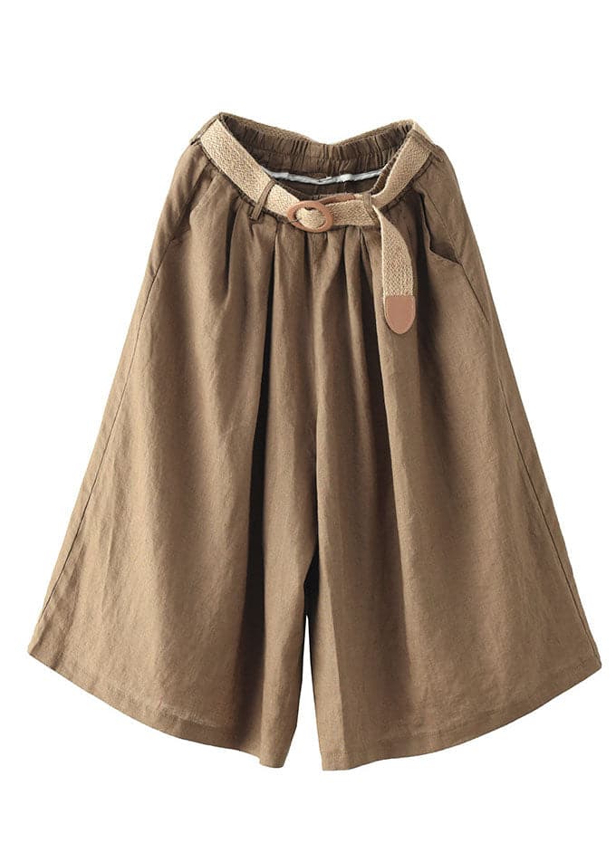 Boho Khaki Elastic Waist Oversized Pockets Linen Wide Leg Crop Pants Summer GK-CPTS220804