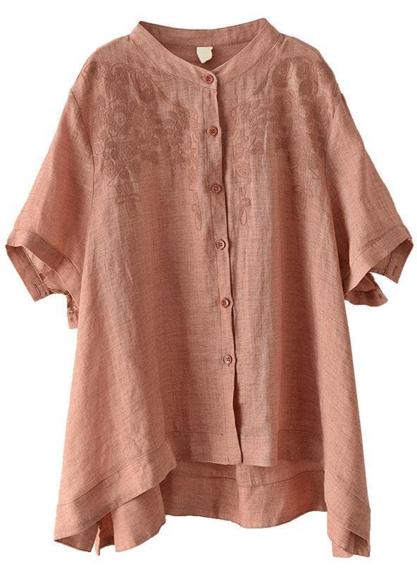 Boho Orange Summer Side Open Stand Collar Ramie Loose Short Sleeve GK-STP210720