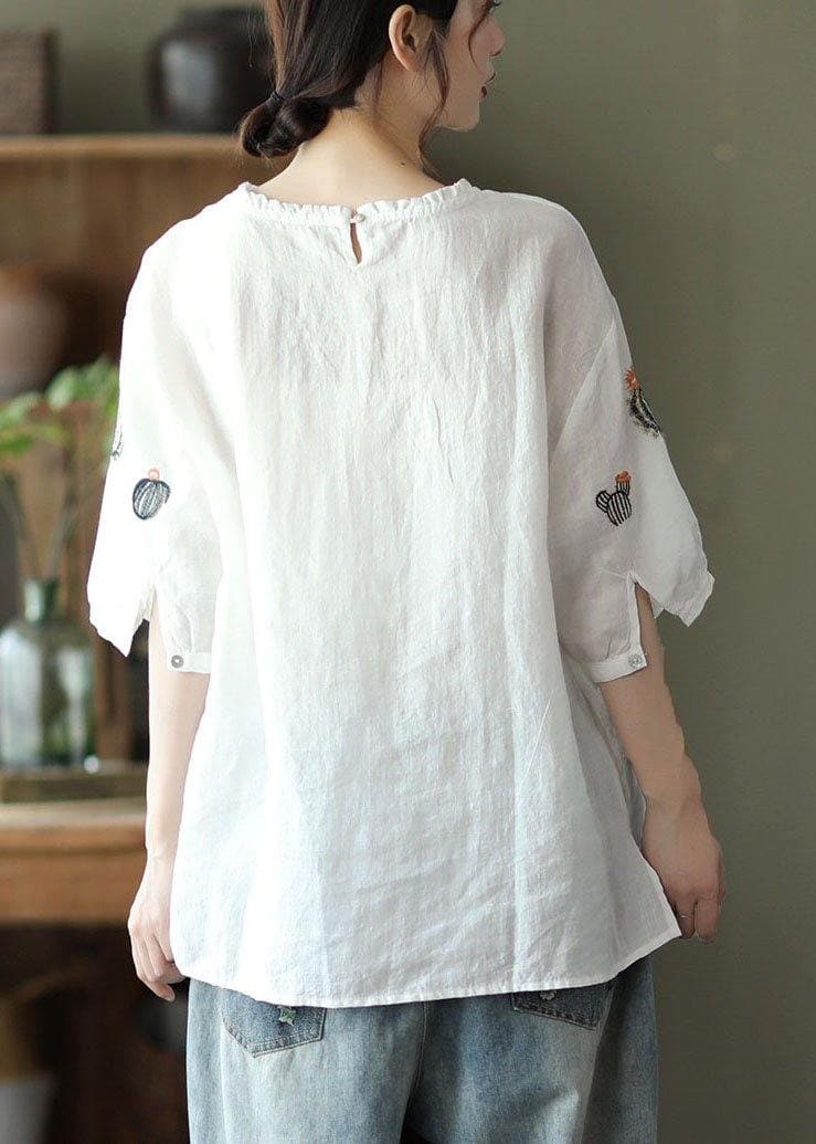 Boho White O-Neck Embroideried Summer Ramie Blouse Half Sleeve GK-HTP210721