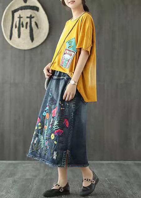 Boho Dark Blue Embroideried Tasseled A Line Summer Skirts Denim GK-SKTS210721