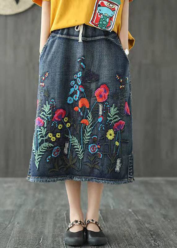 Boho Dark Blue Embroideried Tasseled A Line Summer Skirts Denim GK-SKTS210721