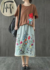 Boho Dark Blue Embroideried Tasseled A Line Summer Skirts Denim GK-SKTS210721