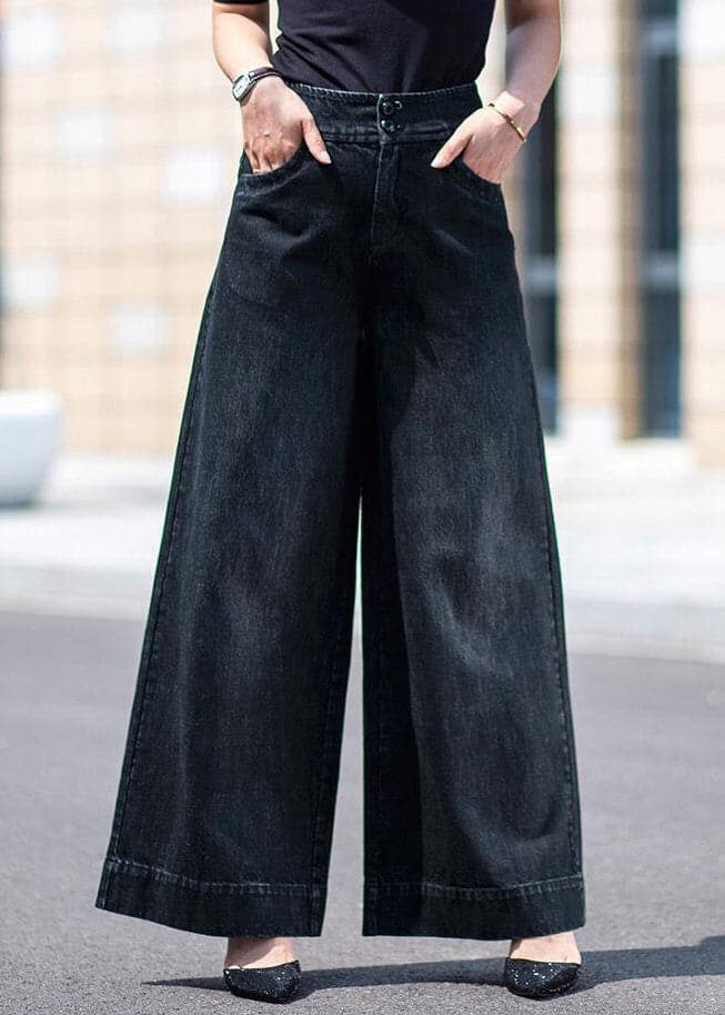 Boutique Black Pockets Draping Cotton Denim Straight Pants Spring NZ-LPTS22060701