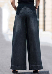 Boutique Black Pockets Draping Cotton Denim Straight Pants Spring NZ-LPTS22060701