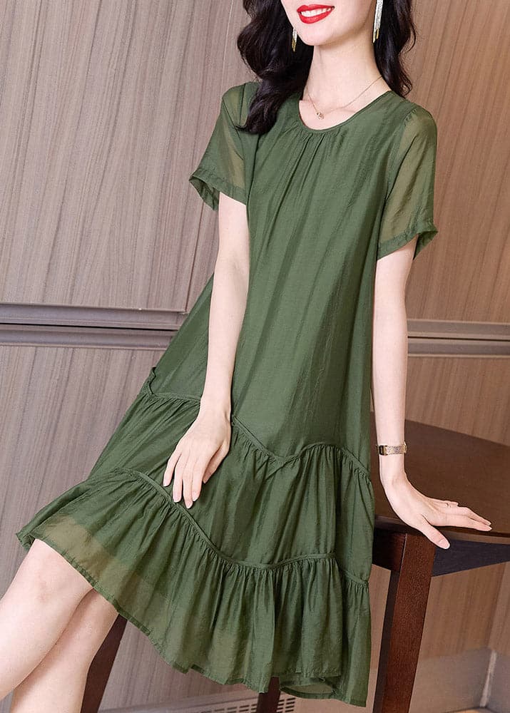 Boutique Blackish Green O-Neck Ruffles Cinched Vacation Dresses Short Sleeve gk-SDL220722