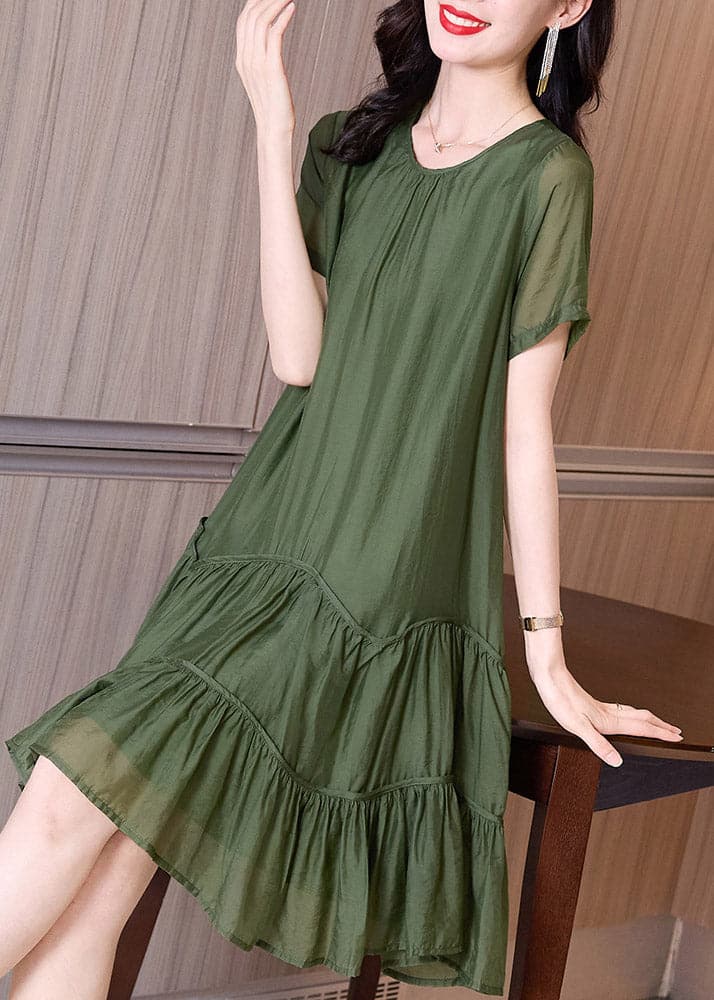 Boutique Blackish Green O-Neck Ruffles Cinched Vacation Dresses Short Sleeve gk-SDL220722